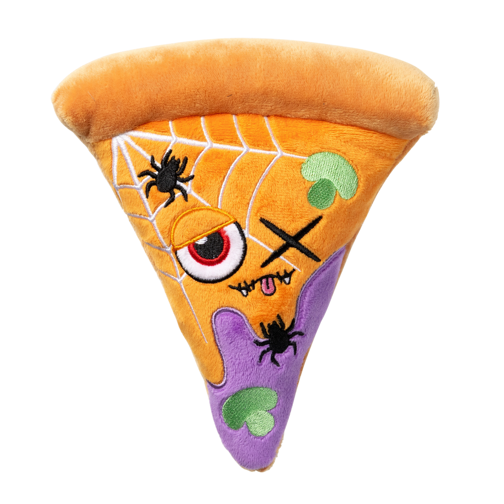 Peluche de Halloween para perros FuzzYard Web-eroni Pizz con forma de porción de pizza con arañas